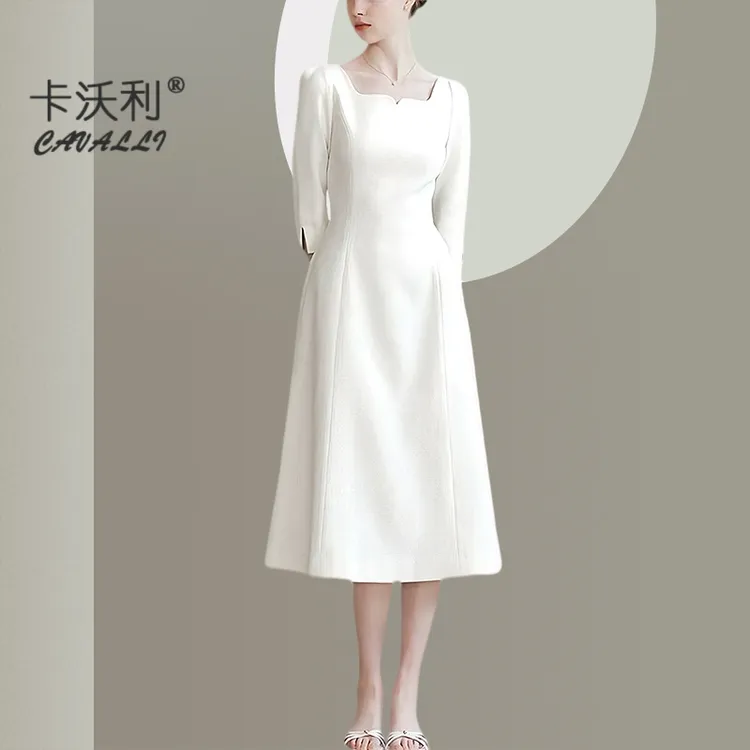 法式气质茶歇高腰白色连衣裙2025夏季新中式修身简约高级感小白裙