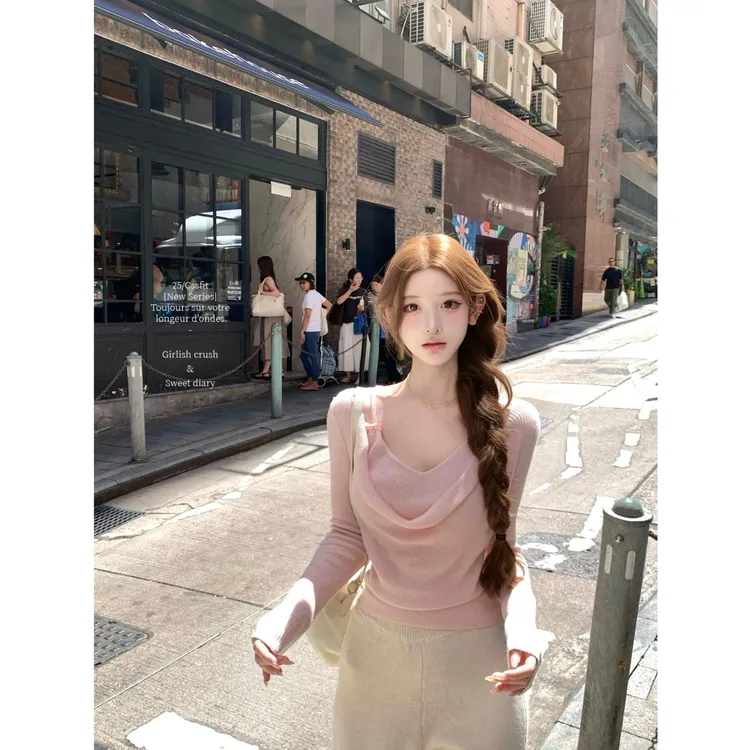 【粉莓心事】韩系甜美少女2025秋季假两件荡领针织上衣配休闲裤套装