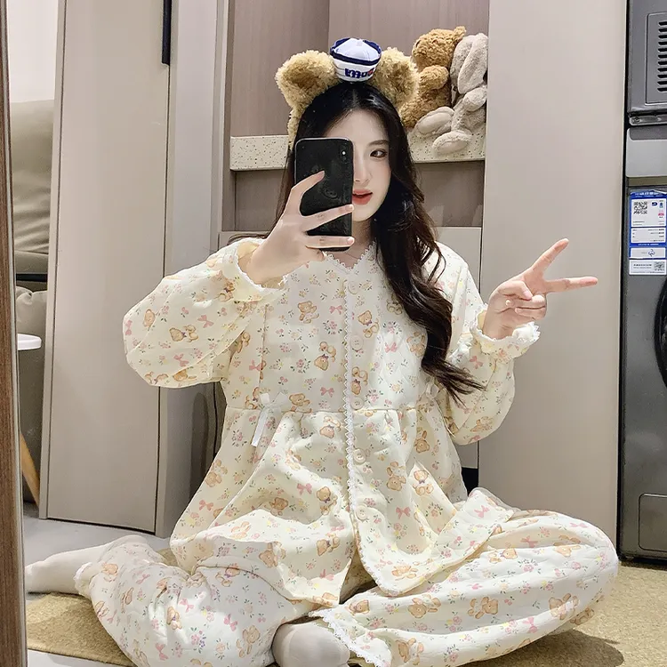 孕妇秋冬季月子服保暖空气棉夹层产后大码哺乳加厚睡衣喂奶家居服