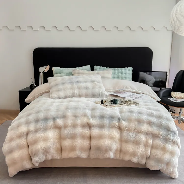 超柔七彩大泡泡兔兔绒兔毛绒牛奶绒四件套双面防静电加厚四件套