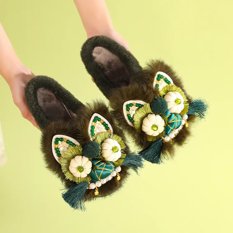 新中式国潮老虎鞋冬平底拖鞋居家外穿舒适棉拖鞋女非遗手工虎头鞋