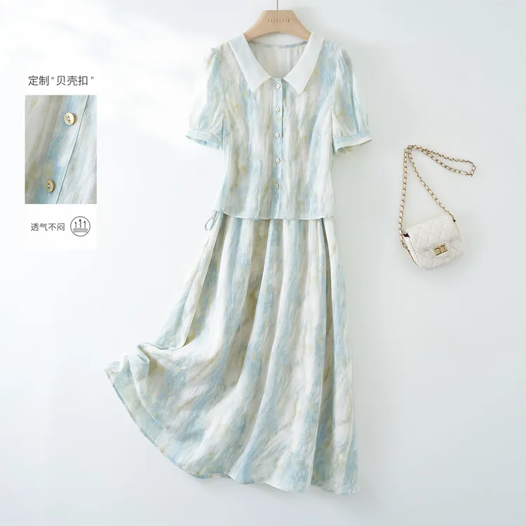 IHIMI/海谧【流云】2025夏季新款女装气质翻领假两件拼接撞色连衣裙