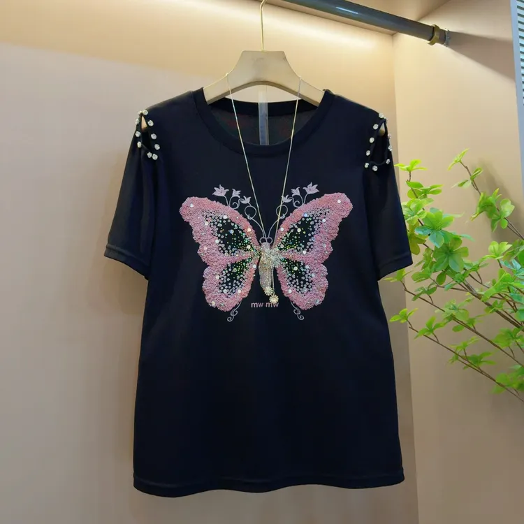蝴蝶亮片大码时尚夏季新款2025镶钻重工绣花休闲半袖（长63左右）