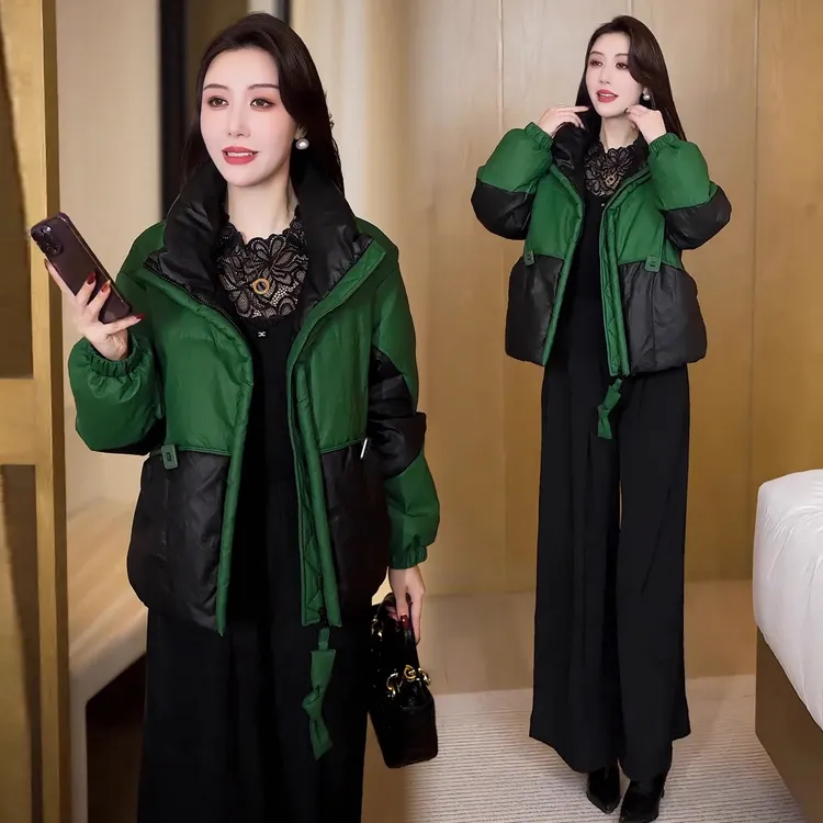 时尚拼色棉服女2025冬季新款小个子宽松立领棉袄洋气保暖棉服外套