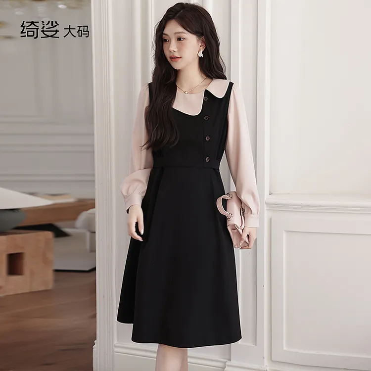 秋冬装新款法式气质娃娃领收腰A字遮肉显瘦百搭长袖假两件连衣裙