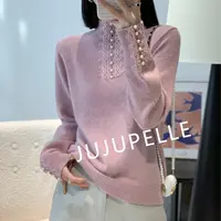 蜜熊绒+羊毛~半高领蕾丝拼接打底衫秋冬新款针织衫洋气宽松女毛衣