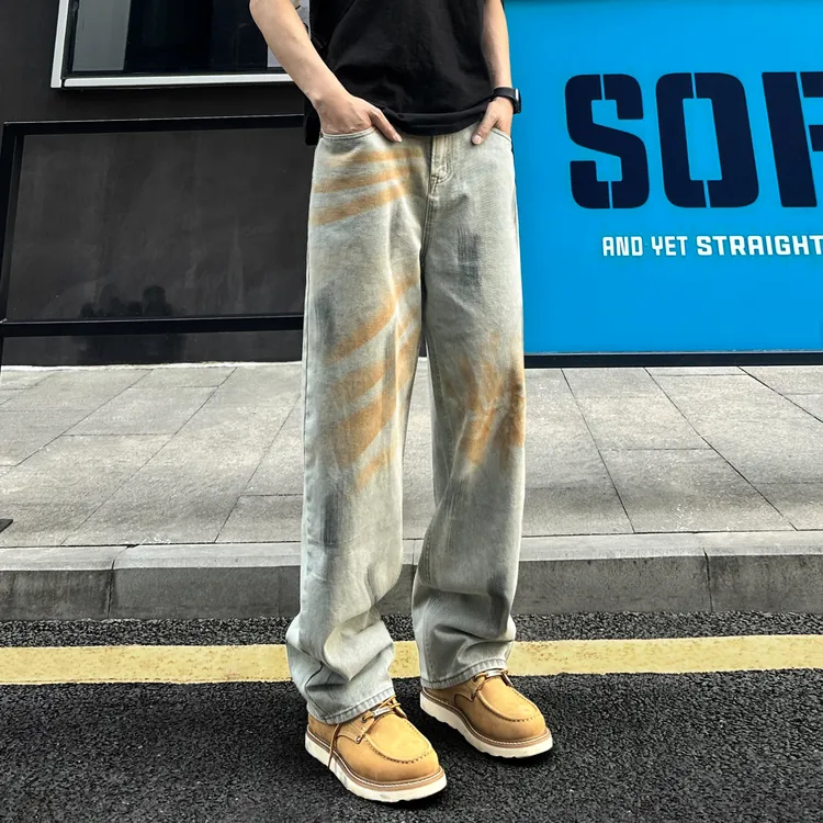 QUALCOMM美式高街扎染锈迹泥黄牛仔裤男款秋季直筒vibe涂鸦裤子潮