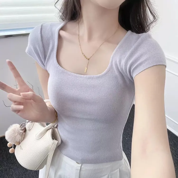方U领法式小众夏季正肩方领气质设计感女修身显瘦针织上衣纯色