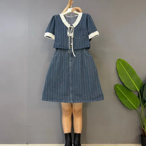 新款大码女装欧货名媛气质小香风牛仔显瘦连衣裙