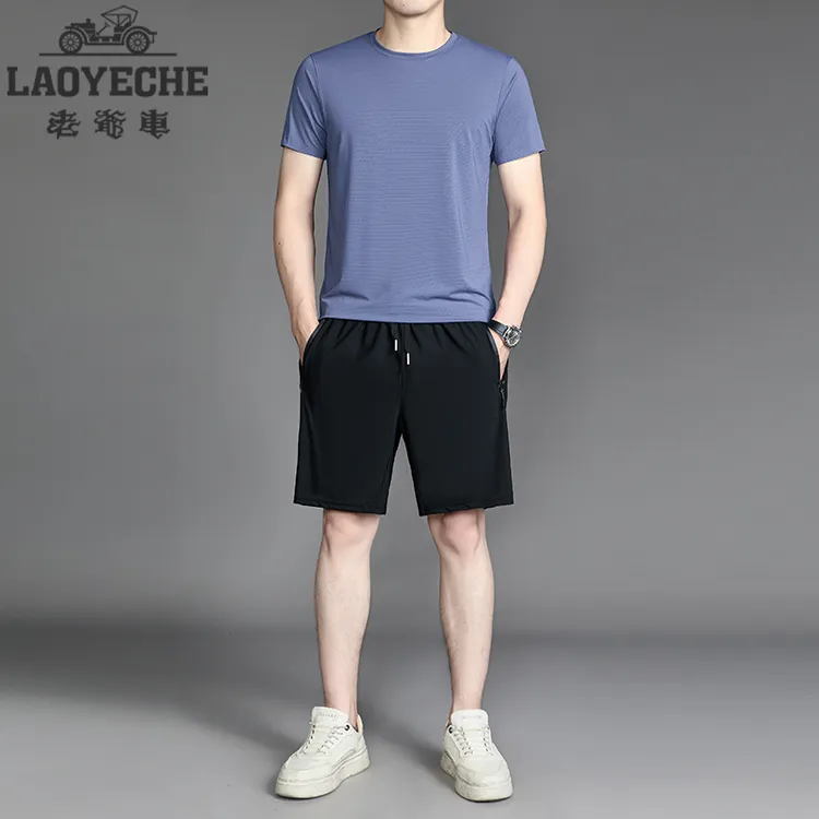 老爷车夏季时尚休闲爸爸装透气百搭薄款速干弹力冰丝男士短袖套装