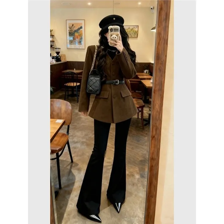 独特漂亮轻奢高端时髦洋气2025冬季气质掐腰棕色西装外套上衣女装