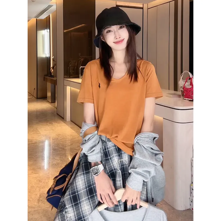 PCNY「慵懒节日」不理理夏季新款小众女装纯色百搭V领休闲短袖女t恤