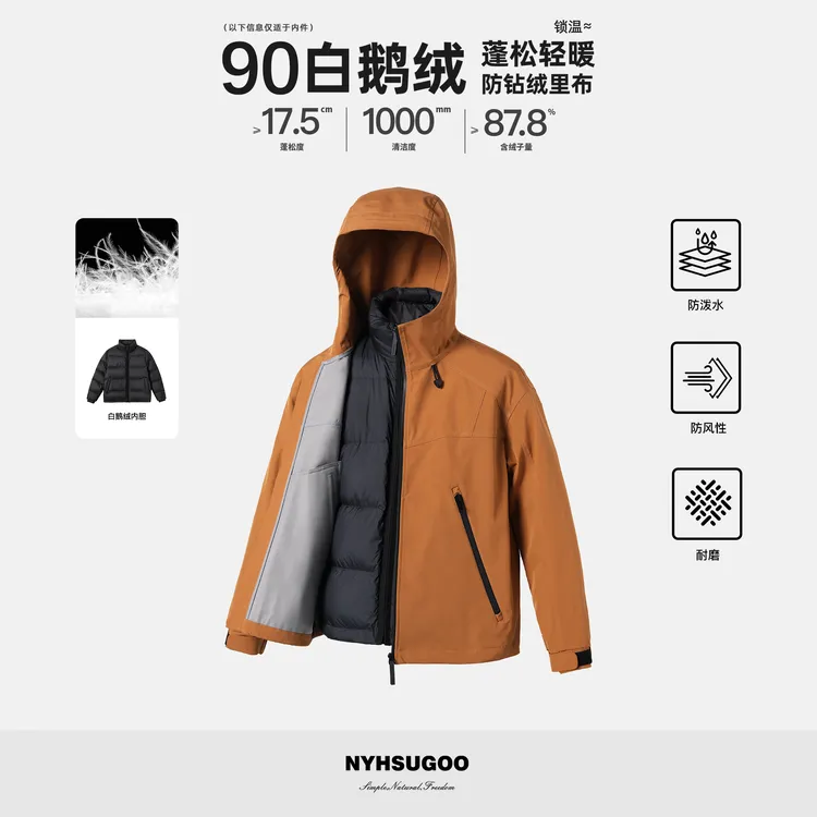 NYHSUGOO/南乙三合一真两件机能夹克鹅绒内胆55019男士羽绒服