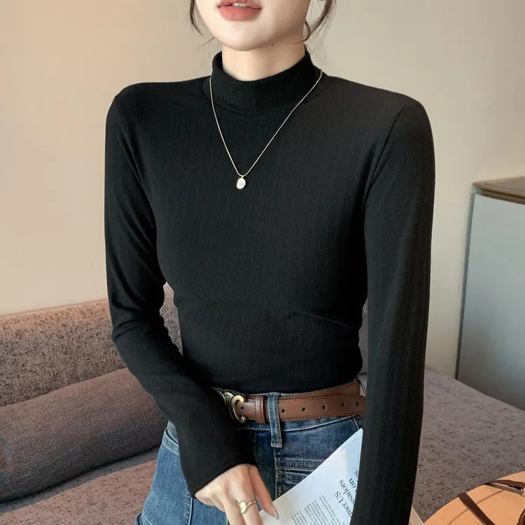 半高领打底衫女螺纹针织衫秋冬洋气双面德绒内搭长袖保暖上衣