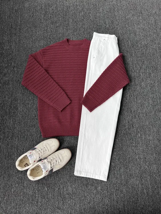 秋冬纯色针织毛衣本命年红色圆领方格纹针织套头毛衣长袖打底衫男