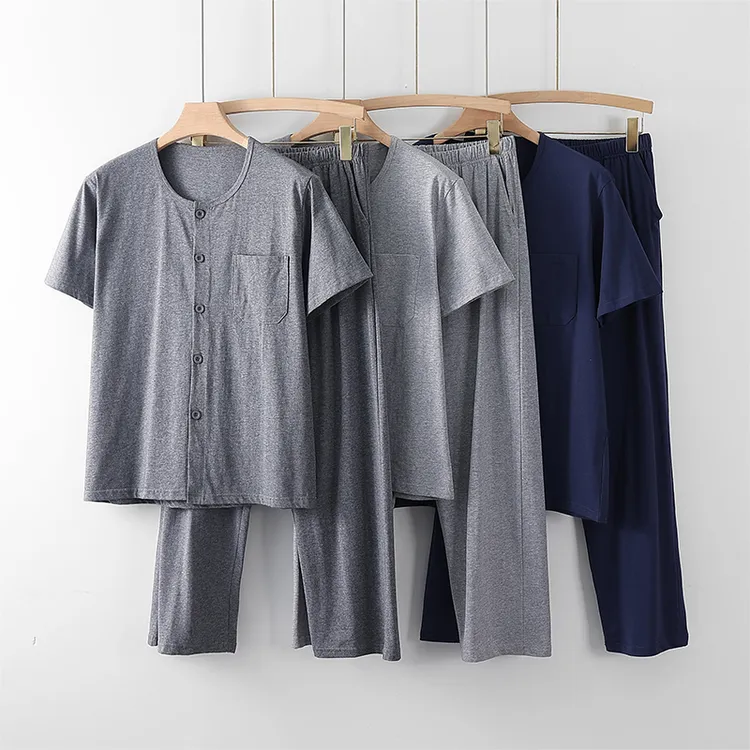 男士短袖长裤家居服棉中老年夏季薄款爸爸大码宽松版型高腰深裆