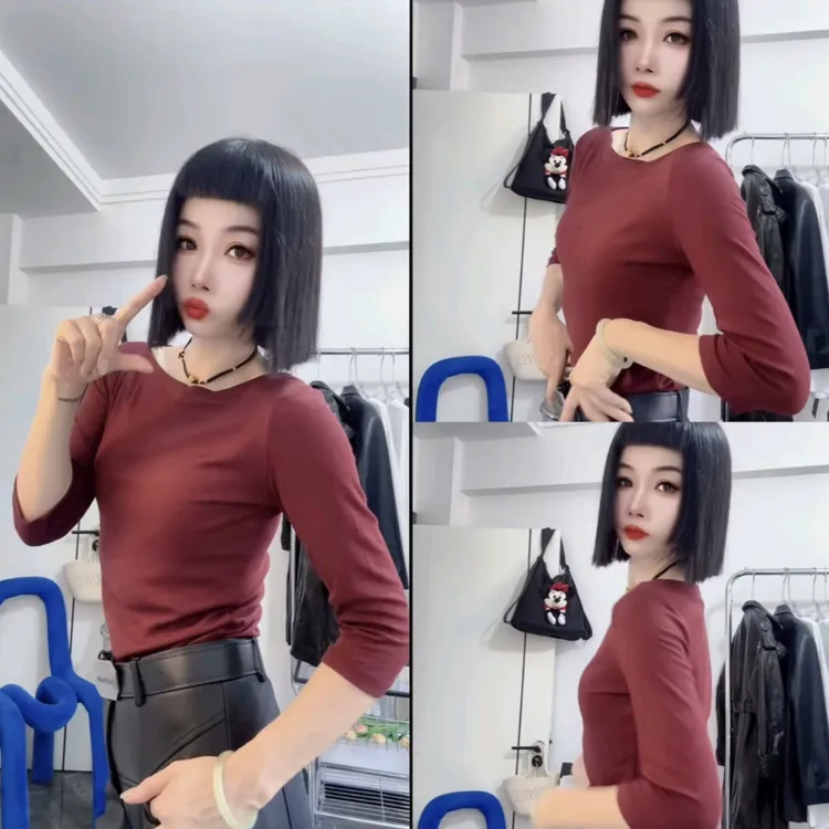 2025新款螺纹棉一字领五分袖修身显瘦遮肉时尚洋气打底衫上衣T恤