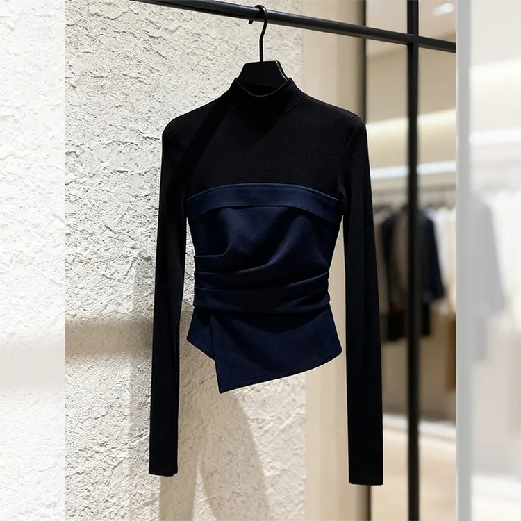 MM别致独特漂亮内搭小衫假两件长袖t恤女秋冬洋气不规则打底上衣