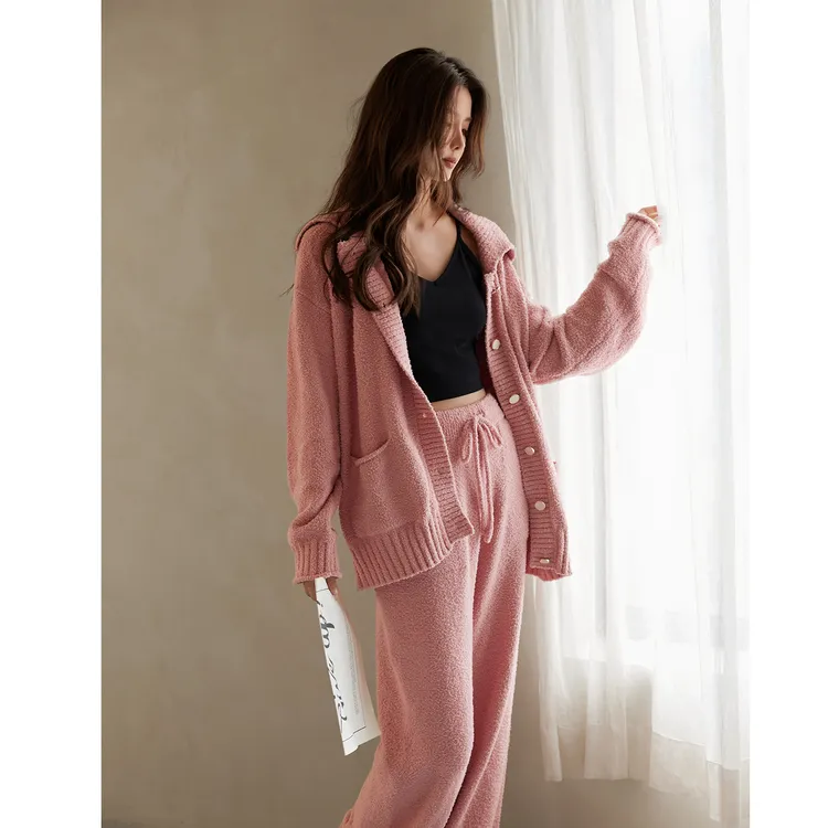 美腾半边绒睡衣女冬季厚款开衫长袖保暖家居服粉色珊瑚绒秋冬套装