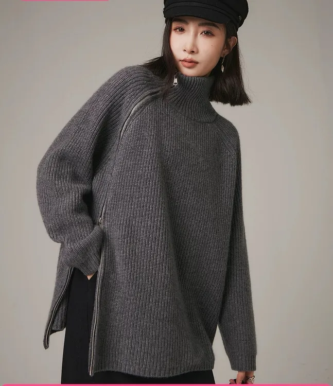 LI YING.斜拉链加厚羊毛衫-冬季慵懒风-内搭外穿-宽松高领针织衫