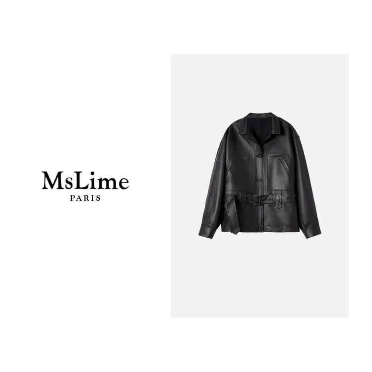 王嬛嬛MsLime【辞雾】新西兰进口水洗羊皮深棕色皮衣外套 HD2D0150