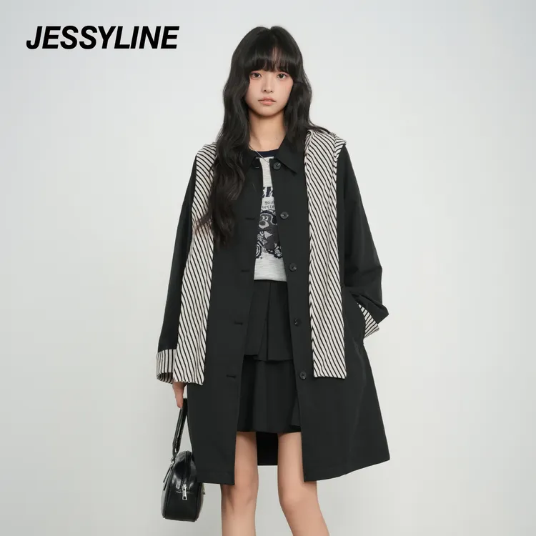 jessyline 2025秋季新款 杰茜莱长款风衣H型减龄百搭宽松外套
