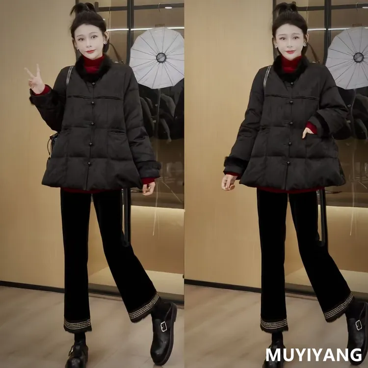 【墨茸】独特超好看水貂毛90白鸭绒高定羽绒服 衣长69 25-621#