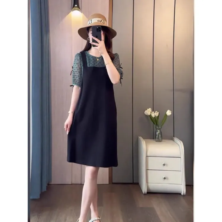大码假两件连衣裙女夏季新款胖mm遮肚显瘦设计感气质轻熟黑色裙子