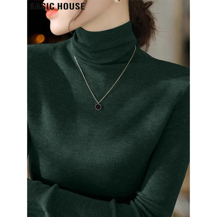 Basic House/百家好墨绿色高领打底衫毛衣女秋季配大衣内搭针织衫