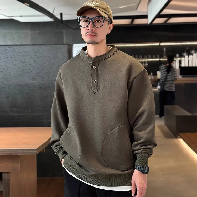 仓石一树潮牌亨利领美式重磅复古卫衣男士秋冬季潮流加厚保暖上衣