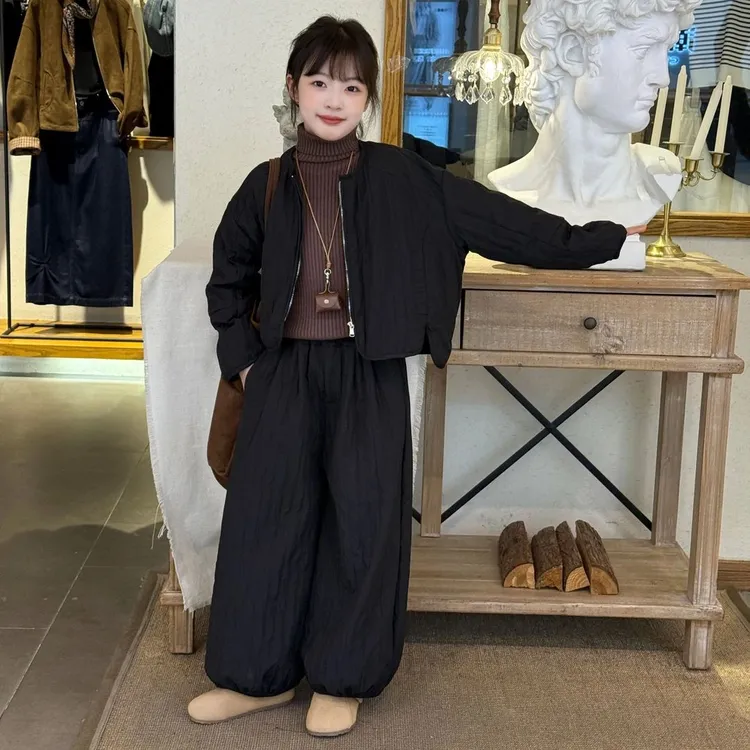 欧洲站冬款女童洋气百搭圆领棉服外套高腰加绒阔腿裤纯色两件