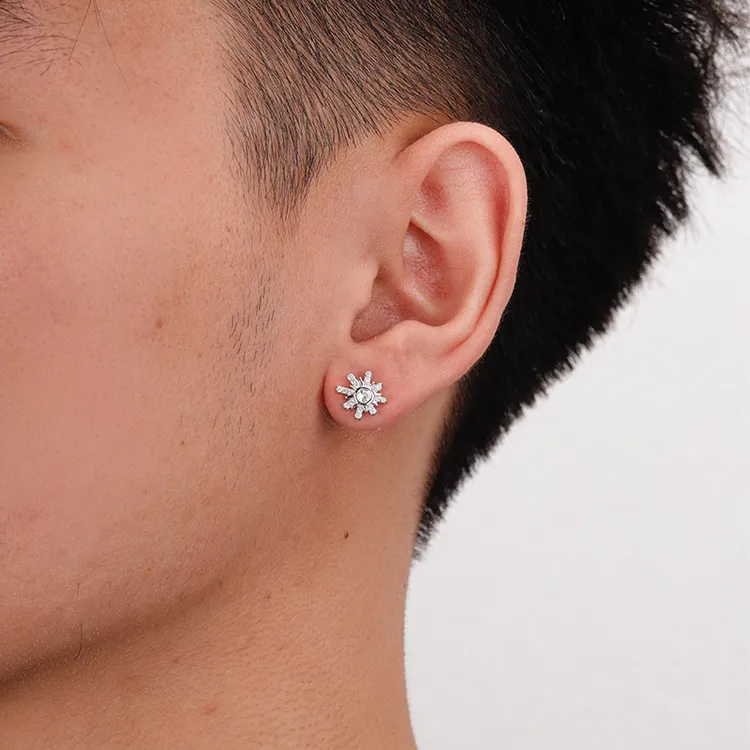 925银耳饰 满钻太阳花耳钉男女锆石嘻哈养耳洞耳饰小众设计