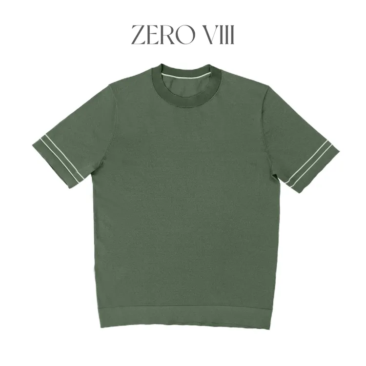 夏季男士老钱风简约线条设计针织短袖桑蚕丝莱塞尔混纺圆领T恤