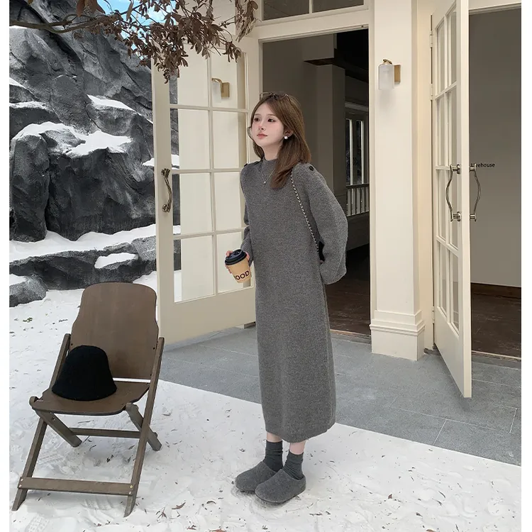FUGUI RICH【灰色轨迹】小个子冬季新款时尚洋气百搭高领毛织连衣裙