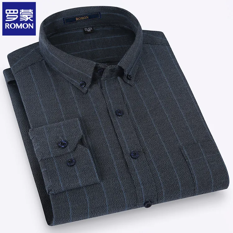 罗蒙高档全棉磨毛格子衬衫男士长袖休闲条纹衬衣春秋抗皱免烫男装