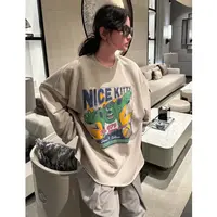 韩国东大门春季款休闲减龄做旧卡通印花卷边水洗圆领毛圈长袖卫衣