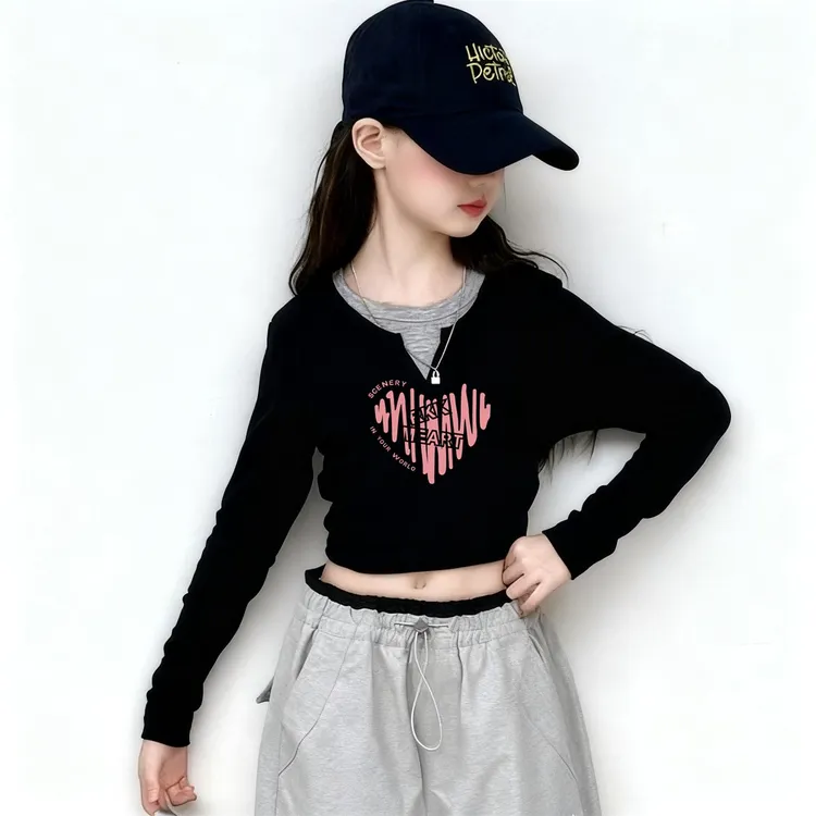 女童秋装长袖T恤纯色棉质儿童洋气打底衫中大童假两件春季上衣潮t