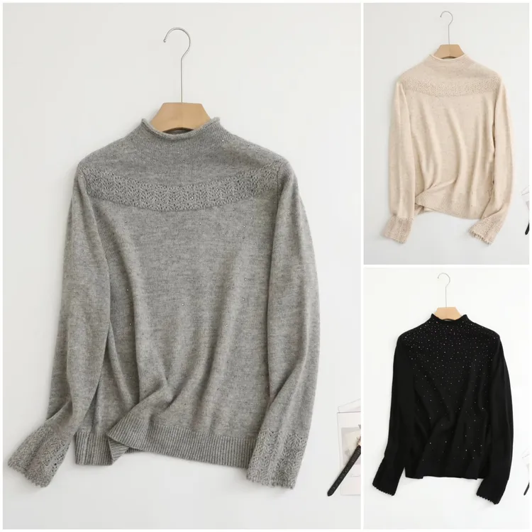 斐卉大码女装烫钻针织衫半高领冬季胖MM宽松毛衣纯色打底衫200斤