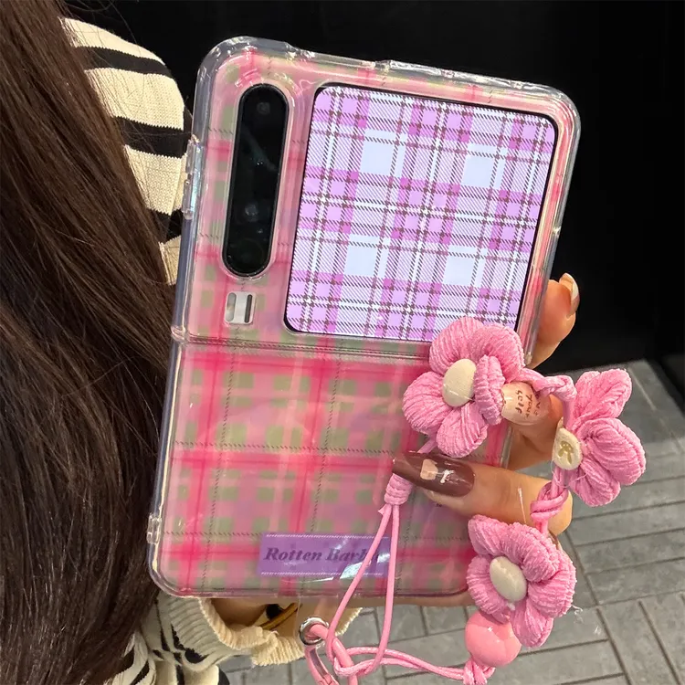 适用华为purax典藏版折叠屏手机壳撞色格纹花朵Purax链条挂绳女款