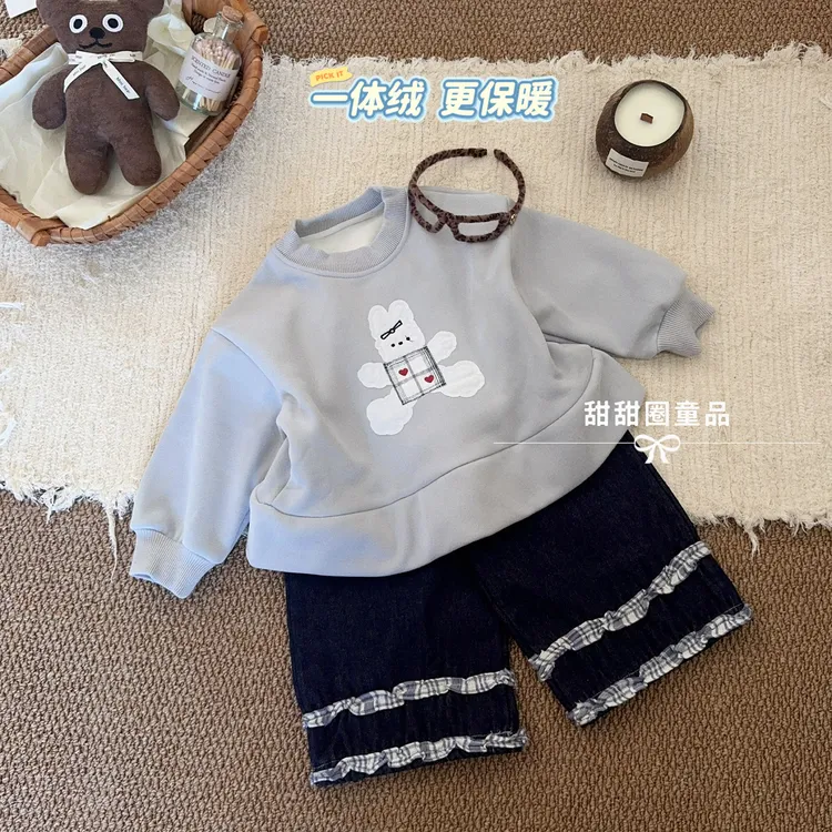 女童秋季新款韩版卡通卡比兔长袖卫衣休闲百搭中长款上衣两件套装