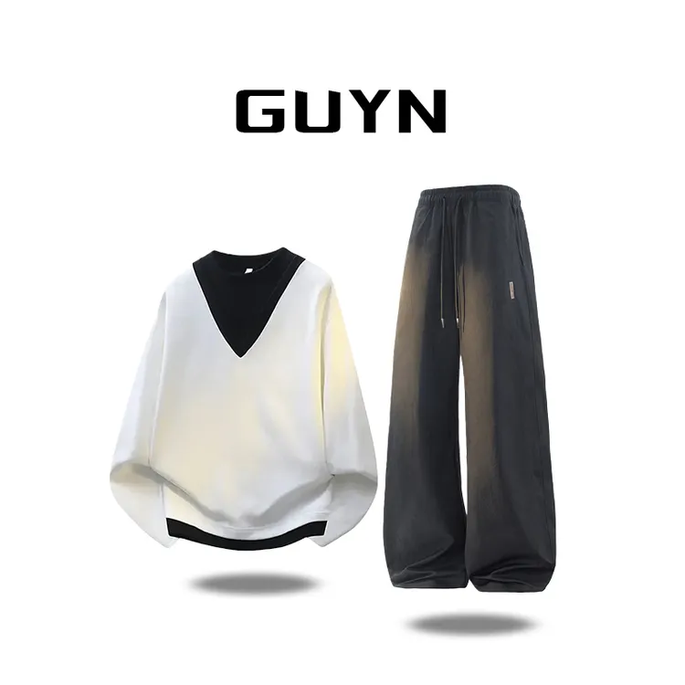 【品牌现货】GUYN假两件长袖T恤套装男士春秋季宽松百搭圆领打底衫