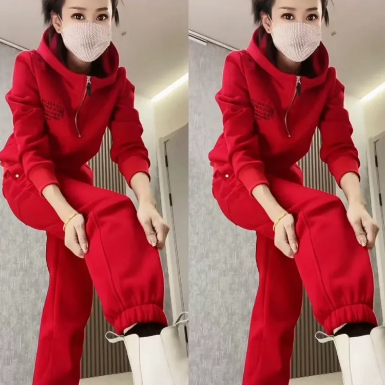 秋冬加绒加厚保暖连帽卫衣套装女洋气时尚套装