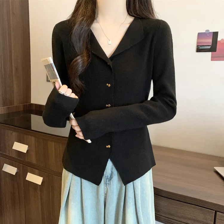 美式polo领针织开衫女显瘦修身遮肚子v领微胖mm大码秋冬正肩上衣