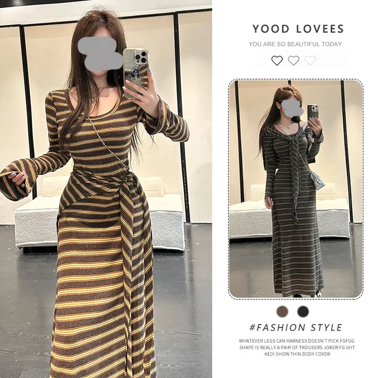 复古配披肩撞色条纹喇叭袖连衣裙女2025春秋新款高腰显瘦过膝长裙