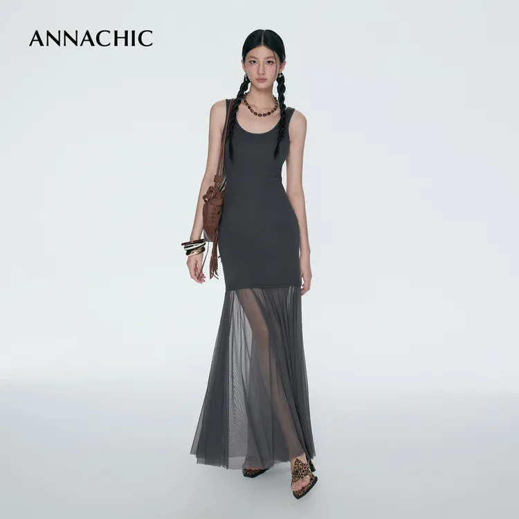 ANNACHIC轻盈之姿_透感网纱裙拼接背心连衣裙女大裙摆度假长裙子