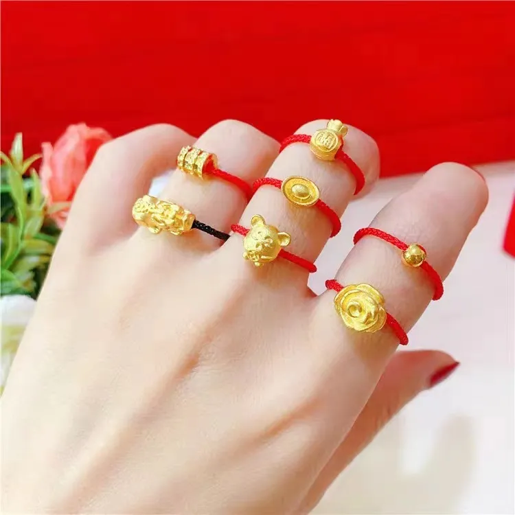 合金锦纶戒指 本命年蛇年红绳可调节貔貅元宝钱袋玫瑰花指环首饰