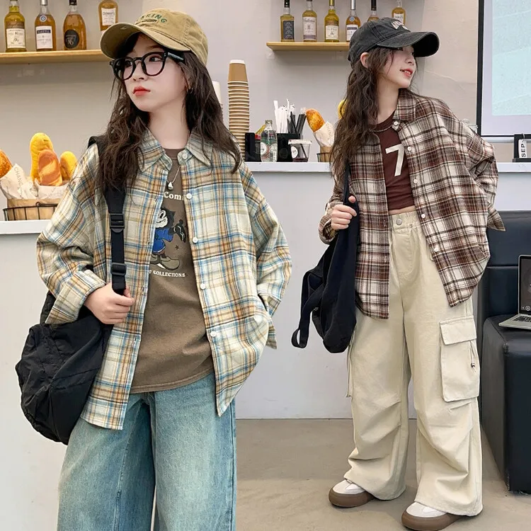 女童格子衬衫春秋2025新款洋气大童秋装时髦学生外套儿童韩版衣服