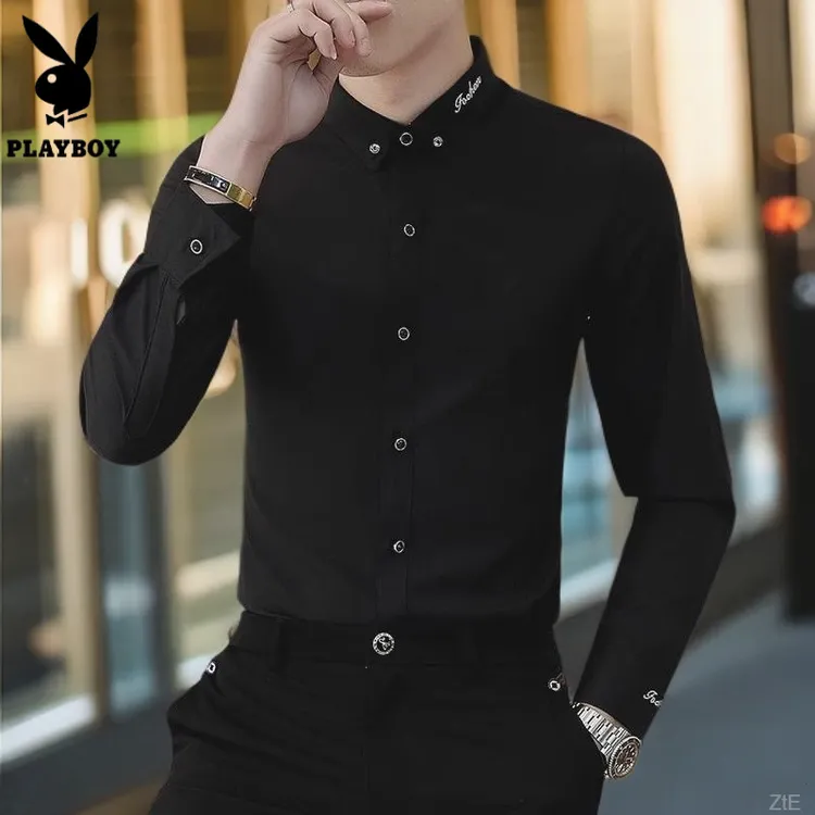花花公子长袖衬衫男士商务免烫春秋季款潮牌休闲衬衣服男黑色寸衫