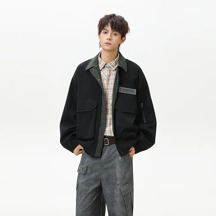 【重庆森林】美式重磅拼色秋款翻领夹克秋季工装港风休闲上衣外套