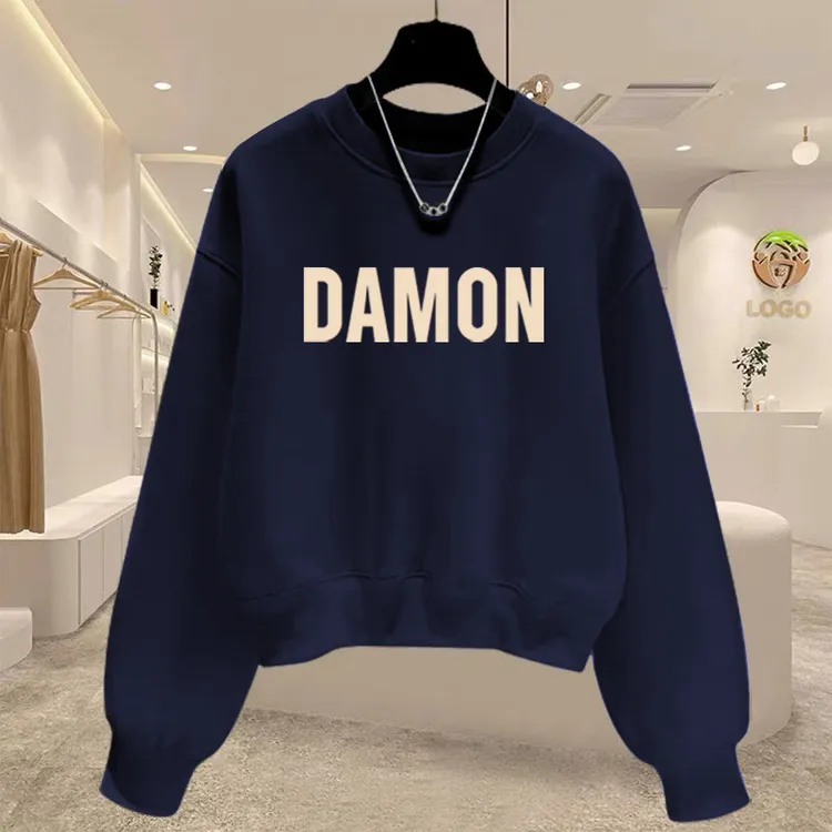 圆领套头短款卫衣女加绒加厚秋冬长袖上衣高腰显瘦小个子春秋薄款